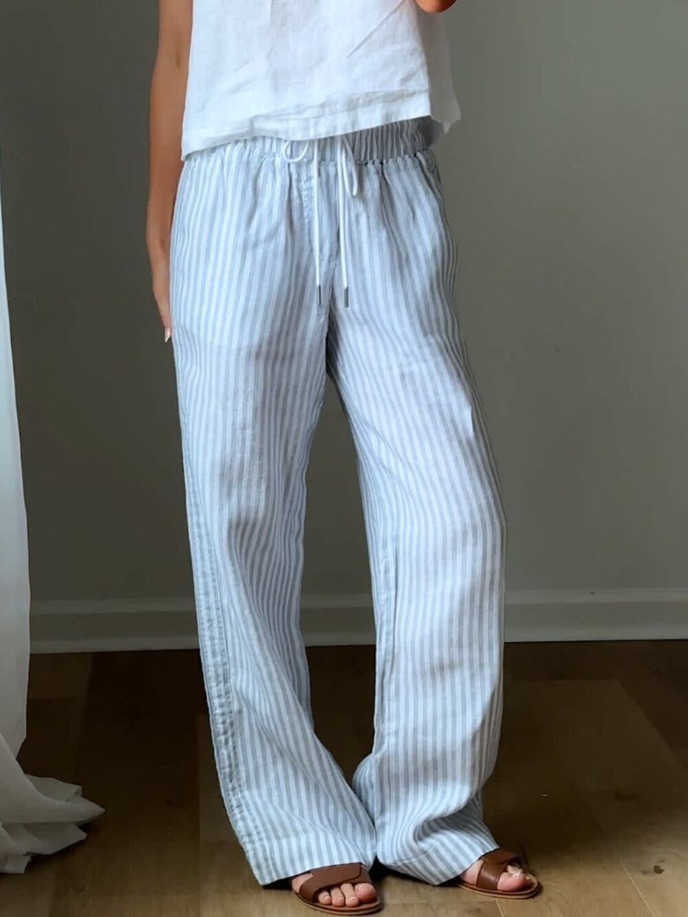 Quince 100% Linen Wide Leg Pants Sky Blue Mariner Stripe Size Large